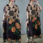 Short-sleeve Flower Print Loose-fit Dress Almond & Black & Orange - One Size
