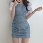 Mock Two-piece Puff-sleeve Striped Mini Sheath Dress