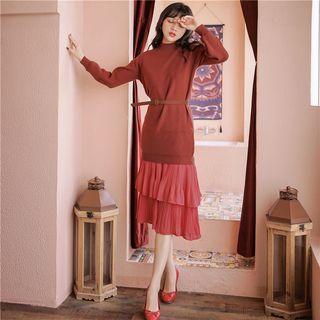 Set: Plain Long-sleeve Knit Top + Midi Tiered Skirt As Shown In Figure - One Size