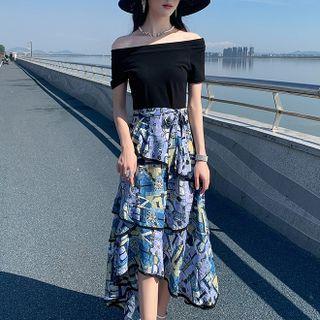 Short-sleeve Mock Two-piece Print Panel Tiered Midi Dress