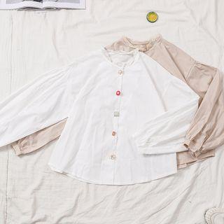 Long Sleeve Lace Trim Jeweled Button Blouse