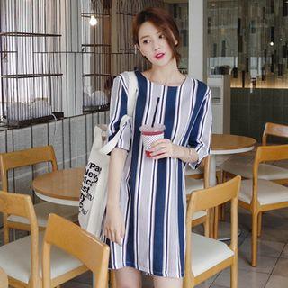 Elbow-sleeve Striped Shift Dress