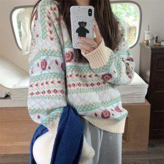 V-neck Patterned Sweater Green & White & Blue - One Size