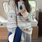 V-neck Patterned Sweater Green & White & Blue - One Size