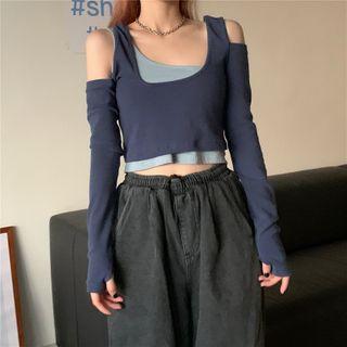 Long-sleeve Mock Two-piece Cold-shoulder Cropped T-shirt