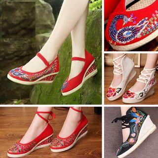 Embroidered Ankle Strap Wedges