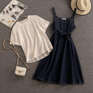 Short-sleeve T-shirt / Tie-front Midi Overall Dress / Set