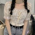 Puff-sleeve Lace Trim Floral Cropped Blouse Pink Floral - White - One Size
