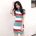 Color-block Short-sleeve Knit Dress As Shown In Figure - One Size