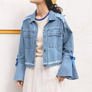 Bow Accent Fray Trim Denim Jacket