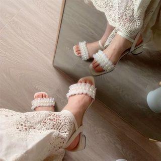 Faux Pearl Ruffled Ankle-strap Chunky-heel Sandals