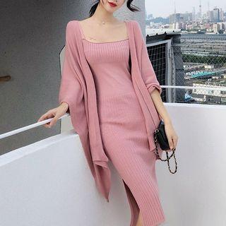 Side Slit Spaghetti Strap Knit Dress / Open Front Knit Jacket
