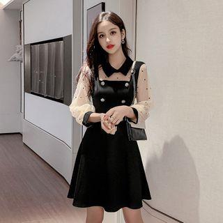 Mesh-panel Double-breasted A-line Dress