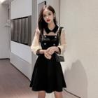 Mesh-panel Double-breasted A-line Dress