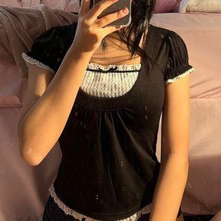 Mock Two Piece Ruffle Trim Paneled Short Sleeve Top