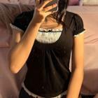 Mock Two Piece Ruffle Trim Paneled Short Sleeve Top