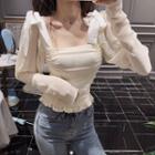 Long-sleeve Crinkled Square-neck Blouse