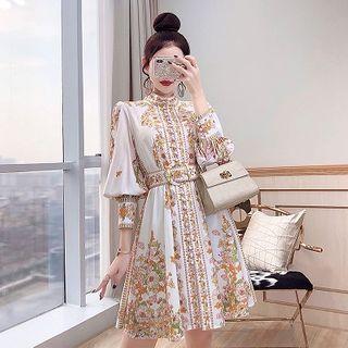 Lantern-sleeve Printed Mini A-line Dress