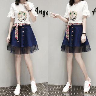 Set: Short-sleeve Cat Print T-shirt + Mesh Panel A-line Denim Skirt