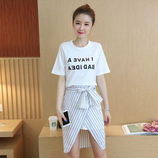 Set: Short-sleeve Lettering T-shirt Dress + Striped A-line Skirt