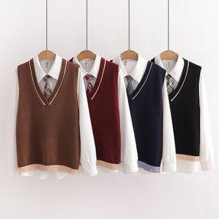 Set: Tie-neck Shirt + Two Tone Sweater Vest