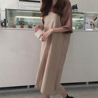 Plain Elbow Sleeve T-shirt / Plain Pinafore Midi Dress