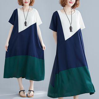 Short-sleeve Paneled Midi A-line Dress As Shown In Figure - One Size