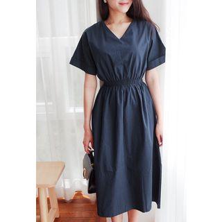 Short-sleeve Band-waist A-line Midi Dress