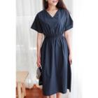 Short-sleeve Band-waist A-line Midi Dress