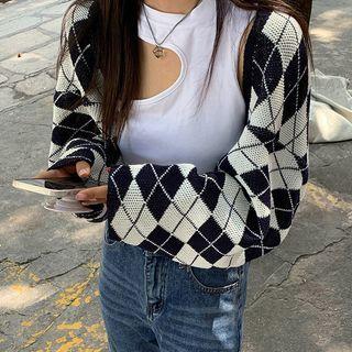 Argyle Lattice Knit Jacket As Shown In Figure - One Size