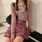 Long-sleeve Bow Cardigan / Plaid Pleated Mini Skirt