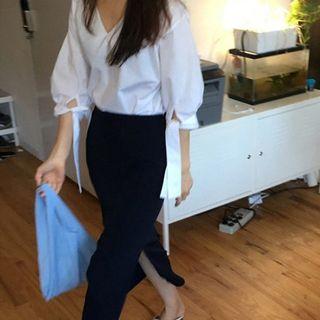 V-neck 3/4-sleeve Blouse / High Waist Midi Skirt