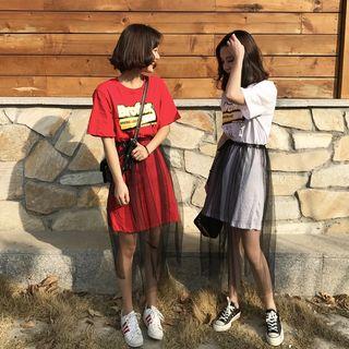 Set : Print Short-sleeve T-shirt + Mesh Skirt