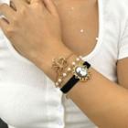 Set Of 3: Faux Pearl + Bow + Portrait Bracelet 0229 - Gold - One Size