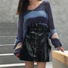 Long-sleeve Striped Open-knit Top / Faux Leather Mini A-line Skirt