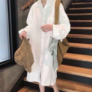 Long-sleeve Slit-side Midi Shirtdress