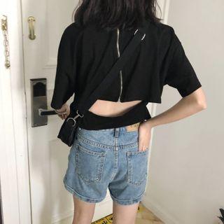 Elbow-sleeve Zip Back T-shirt