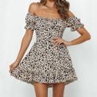 Leopard Print Off-shoulder Short-sleeve Mini A-line Dress