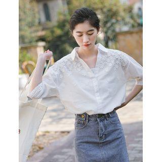 Flower Accent V-neck Elbow-sleeve Blouse