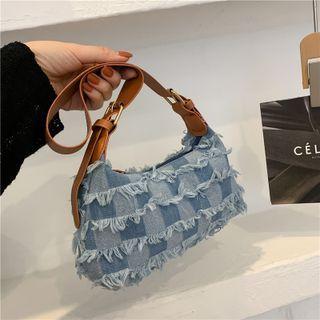Frayed Plaid Denim Shoulder Bag