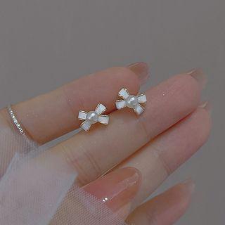 Bow Faux Pearl Sterling Silver Earring 1 Pair - White - One Size