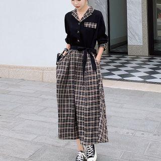 Long-sleeve Plaid Panel Sashed Midi A-line Dress