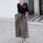 Long-sleeve Plaid Panel Sashed Midi A-line Dress