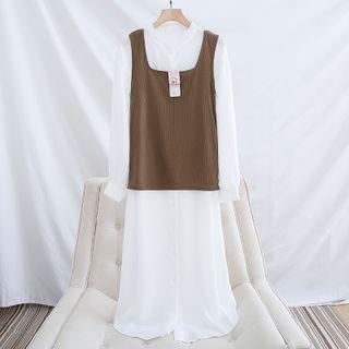 Set: Long Sleeve Plain Shirtdress + Square Neck Vest