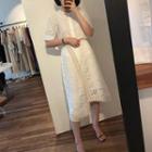 Eyelet Lace Collar Puff-sleeve Blouse / Lace Irregular Hem Midi A-line Skirt