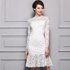 Long-sleeve Lace Ruffle Sheath Dress