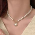 Heart Rhinestone Pendant Faux Pearl Alloy Necklace Silver - One Size