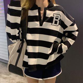 Polo-neck Lettering Striped Sweatshirt
