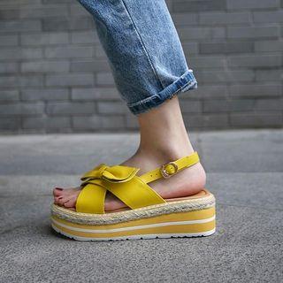 Genuine Leather Bow Accent Slingback Platform Sandals