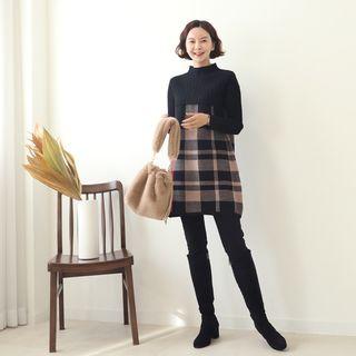 Mock-neck Checked-panel Knit Dress